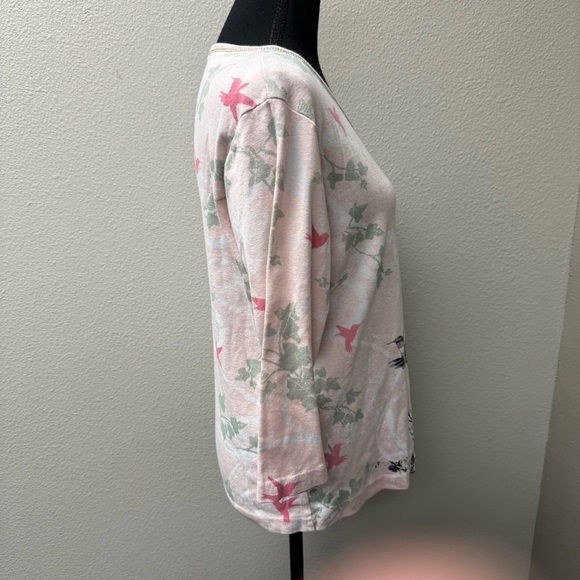 Cactus Bay Hummingbird Floral Tee Pink Rhinestone Birds 3/4 Sleeve Top L - Picture 6 of 9